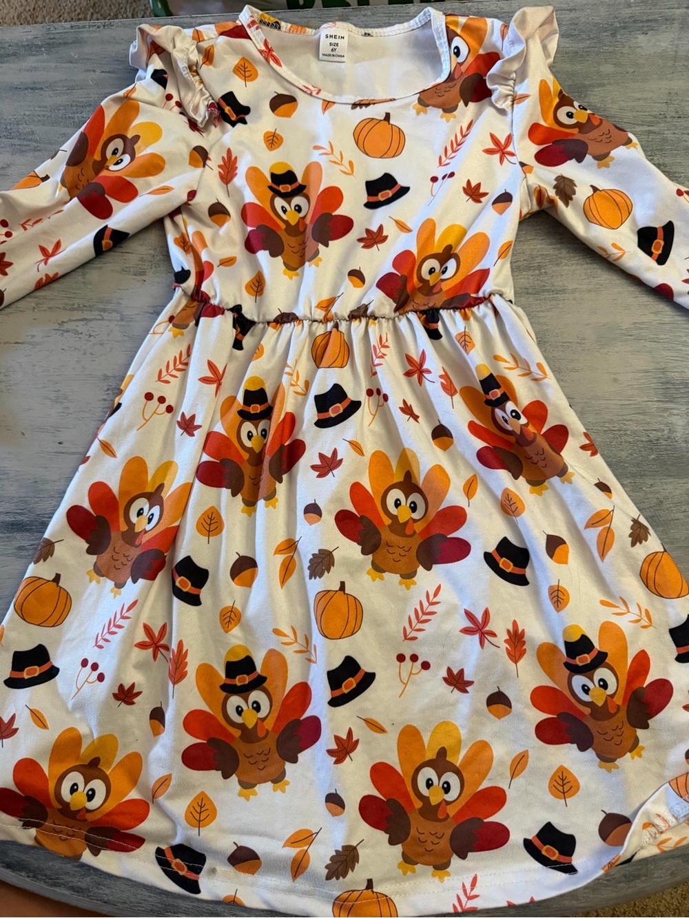 SHEIN White Orange Turkey Print Kids Fall Dress